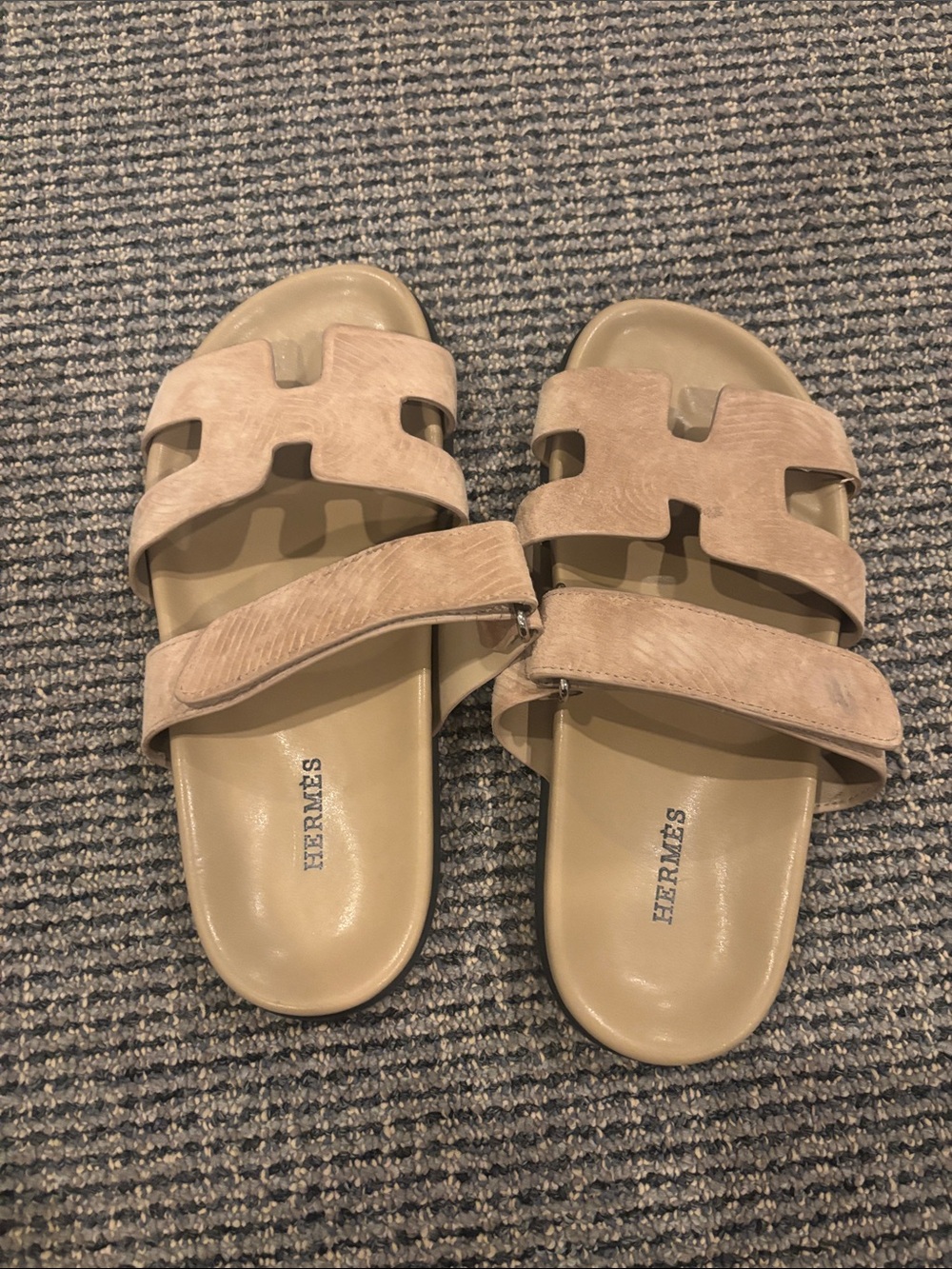 Beige Suede Slide Sandals with H Cutout